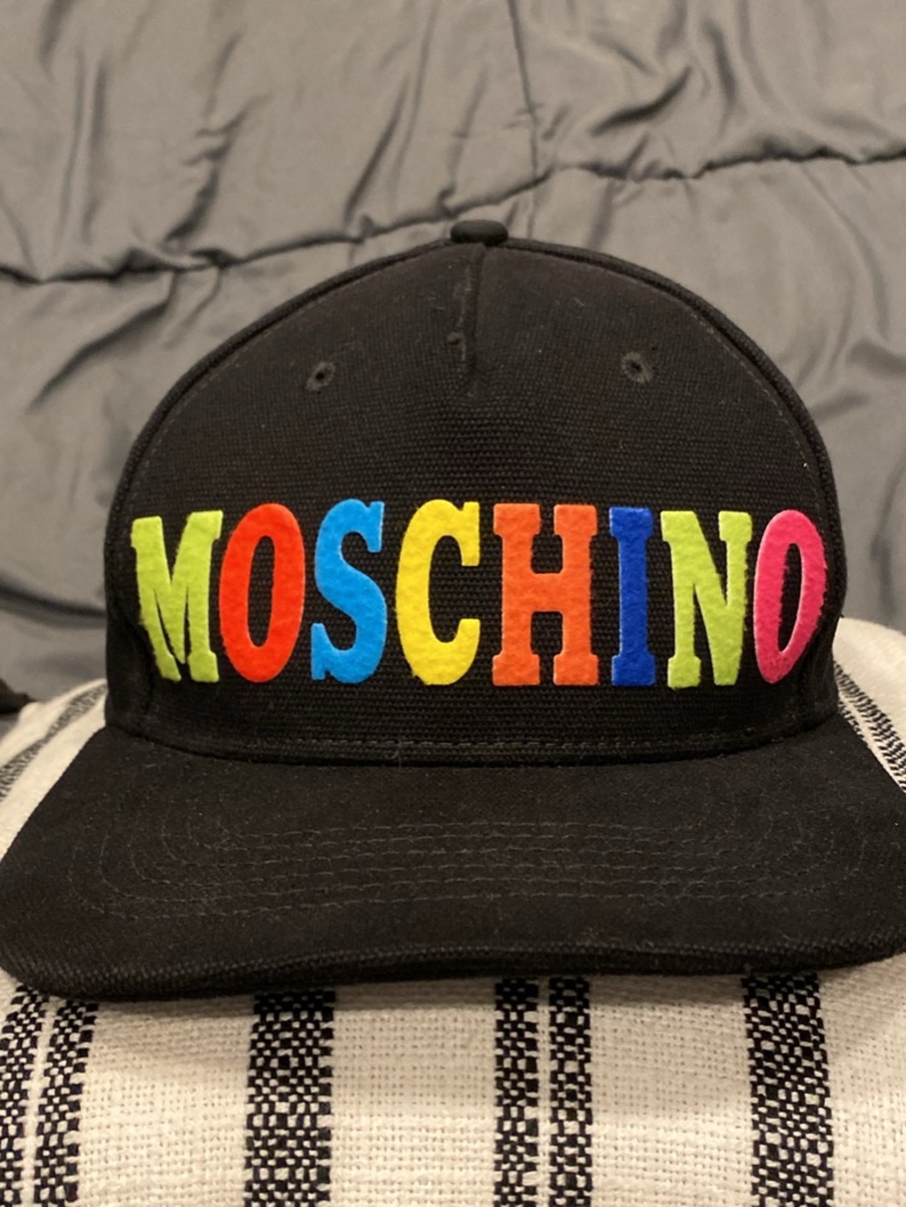 Moschino Men’s Black Cap with Rainbow Lettering